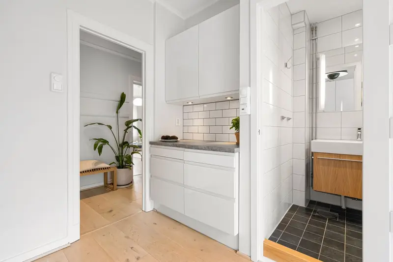 A bright annexe with a white kitchenette and a shower room off it