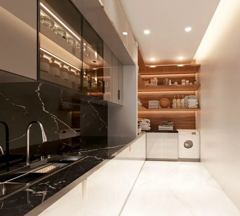 Dark worktop and shelves