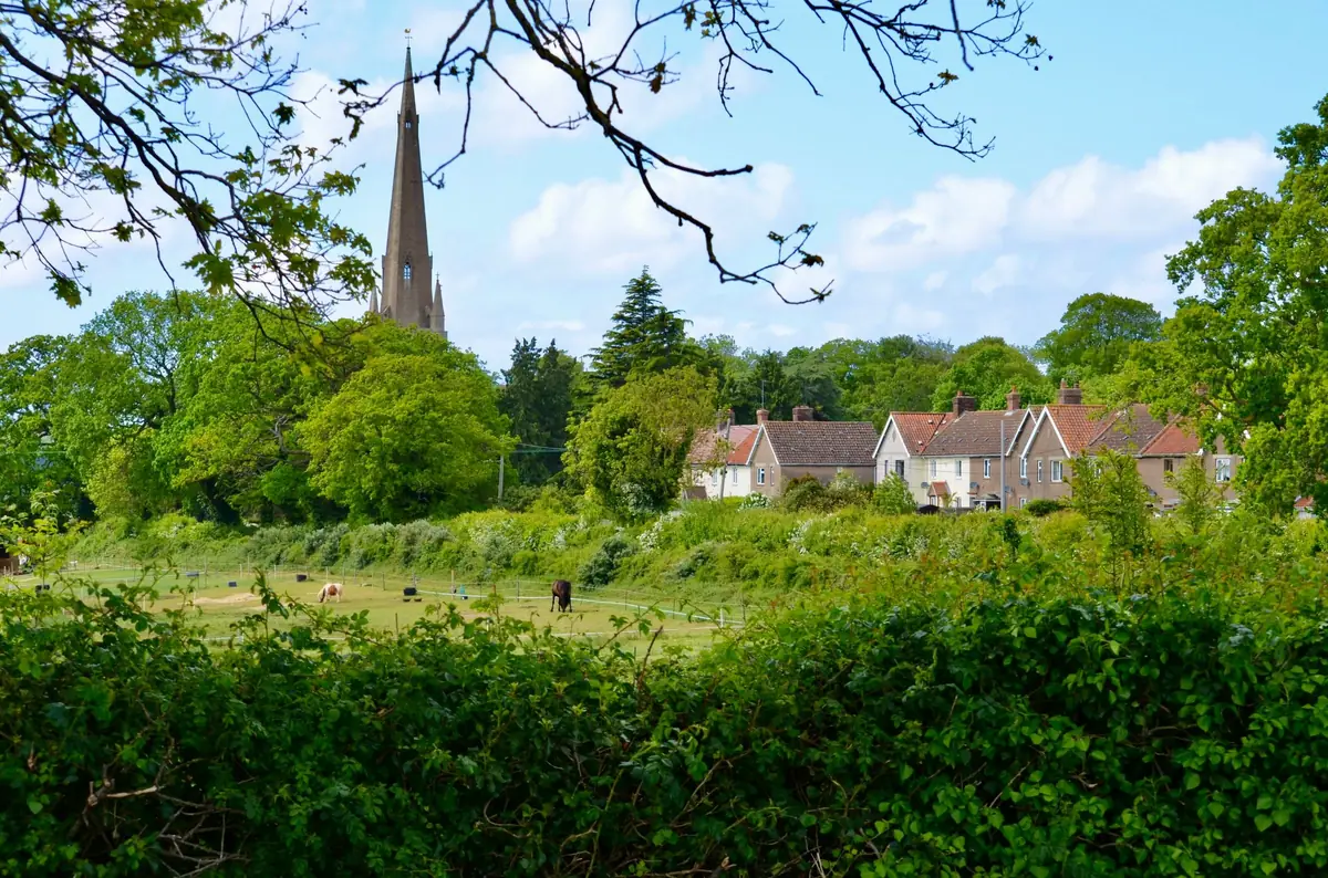 A village church spire above trees and fields.