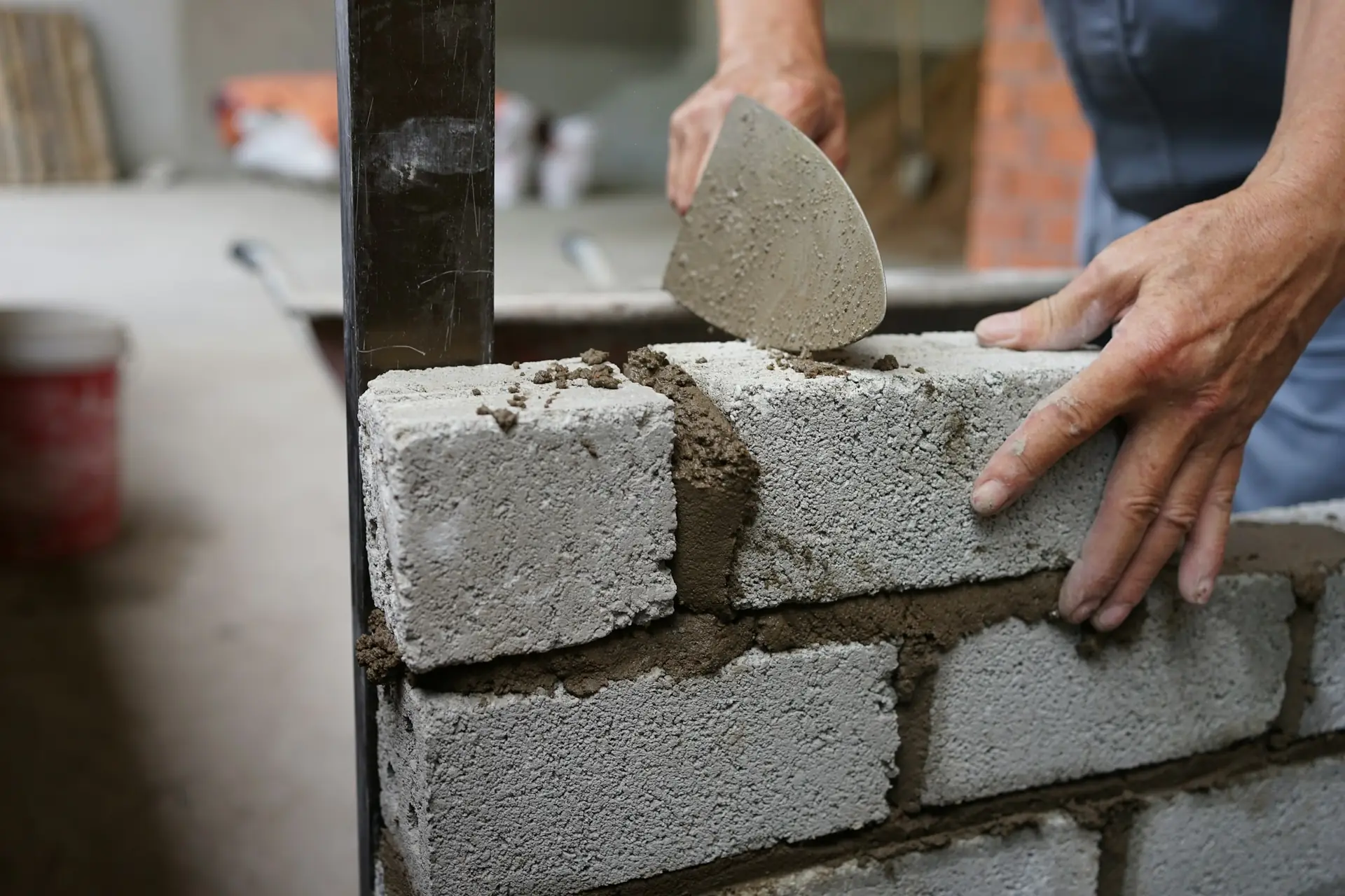 A builder laying a wall of concrete blocks.