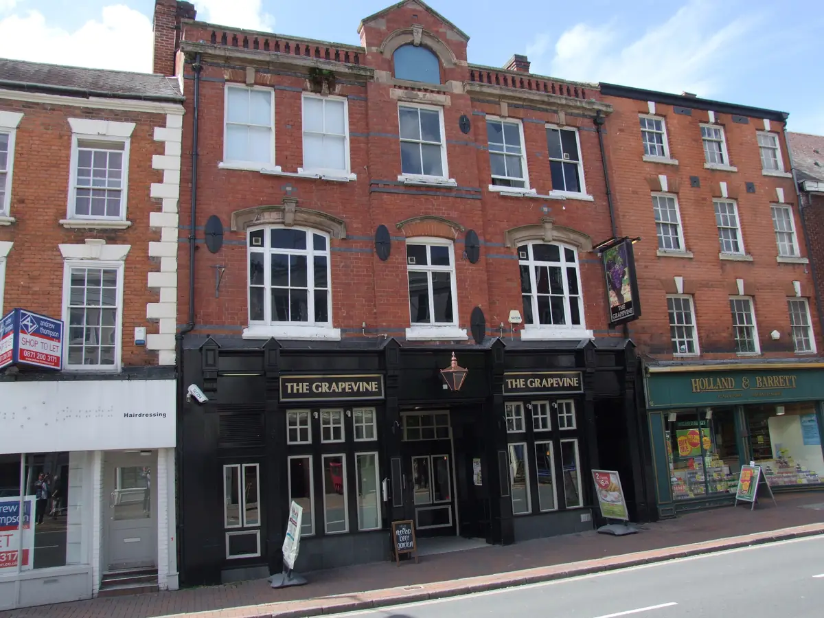 Red-brick buildings on the High Street in Bromsgrove.
